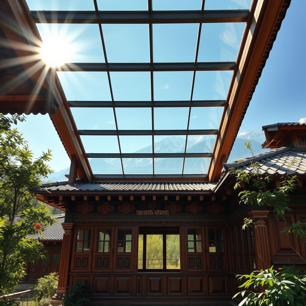 A picturesque scene of a Nepalese house with a stunning toughened glass roof