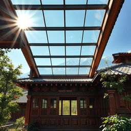 A picturesque scene of a Nepalese house with a stunning toughened glass roof
