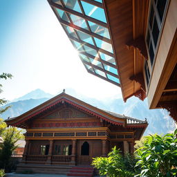 A picturesque scene of a Nepalese house with a stunning toughened glass roof