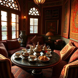A warm and inviting Persian tea house, featuring traditional decorative elements such as intricate tile work, colorful carpets, and cozy seating with plush cushions