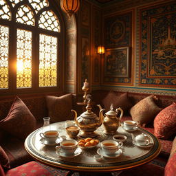A warm and inviting Persian tea house, featuring traditional decorative elements such as intricate tile work, colorful carpets, and cozy seating with plush cushions