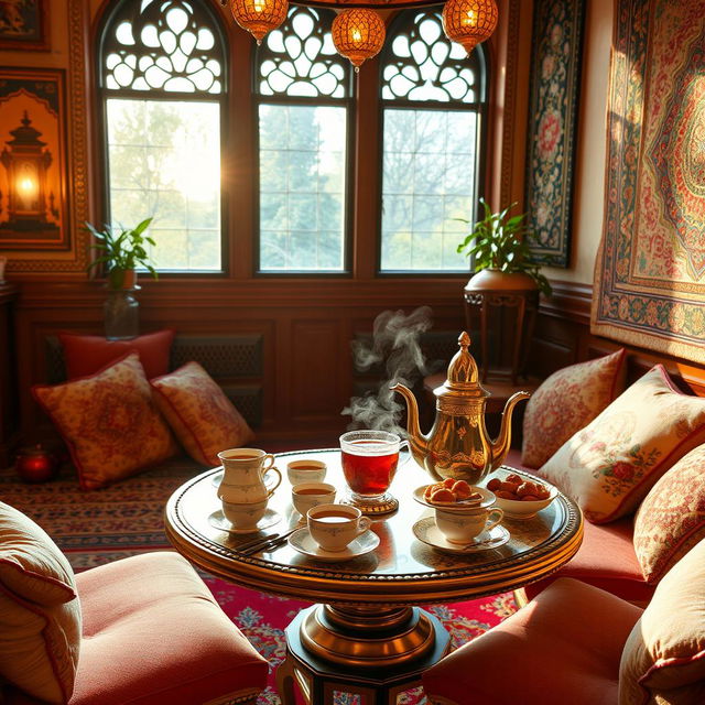 A warm and inviting Persian tea house, featuring traditional decorative elements such as intricate tile work, colorful carpets, and cozy seating with plush cushions