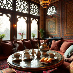A warm and inviting Persian tea house, featuring traditional decorative elements such as intricate tile work, colorful carpets, and cozy seating with plush cushions
