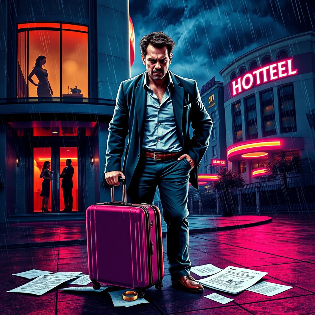 A dramatic scene illustrating the aftermath of a shocking revelation: a distraught man standing outside a luxurious hotel with a suitcase, his expression a mix of anger and disbelief