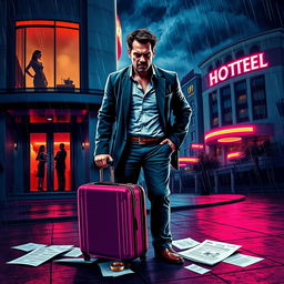 A dramatic scene illustrating the aftermath of a shocking revelation: a distraught man standing outside a luxurious hotel with a suitcase, his expression a mix of anger and disbelief