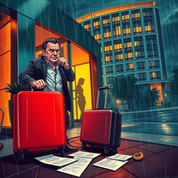 A dramatic scene illustrating the aftermath of a shocking revelation: a distraught man standing outside a luxurious hotel with a suitcase, his expression a mix of anger and disbelief