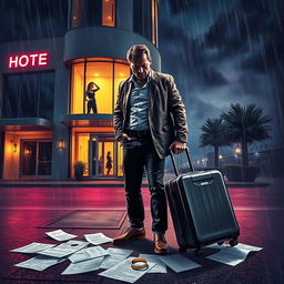 A dramatic scene illustrating the aftermath of a shocking revelation: a distraught man standing outside a luxurious hotel with a suitcase, his expression a mix of anger and disbelief