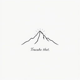 A minimalist design featuring a single continuous line that forms a mountain and a rising sun, with elegant typography for a small piece of text