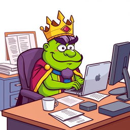 A cartoon-style illustration of King Wart, also known as Mamu, sitting at a desk working on a laptop
