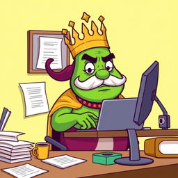 A cartoon-style illustration of King Wart, also known as Mamu, sitting at a desk working on a laptop