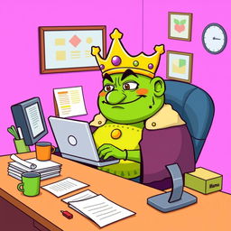 A cartoon-style illustration of King Wart, also known as Mamu, sitting at a desk working on a laptop