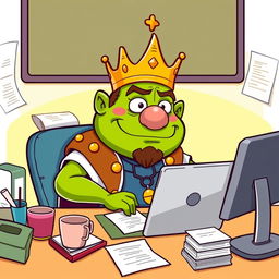 A cartoon-style illustration of King Wart, also known as Mamu, sitting at a desk working on a laptop