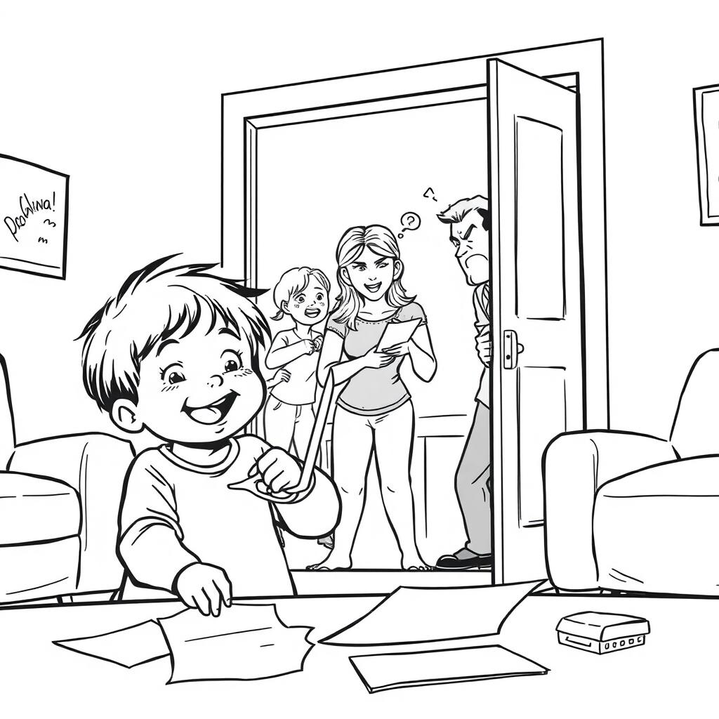 A black line art illustration with no colors, showcasing a child joyfully playing with scissors, happily cutting paper