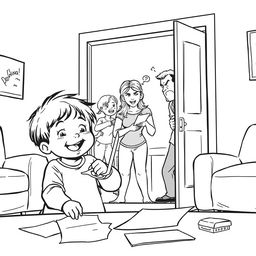 A black line art illustration with no colors, showcasing a child joyfully playing with scissors, happily cutting paper