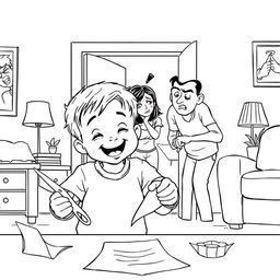 A black line art illustration with no colors, showcasing a child joyfully playing with scissors, happily cutting paper