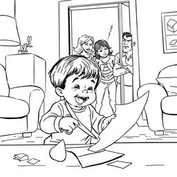 A black line art illustration with no colors, showcasing a child joyfully playing with scissors, happily cutting paper