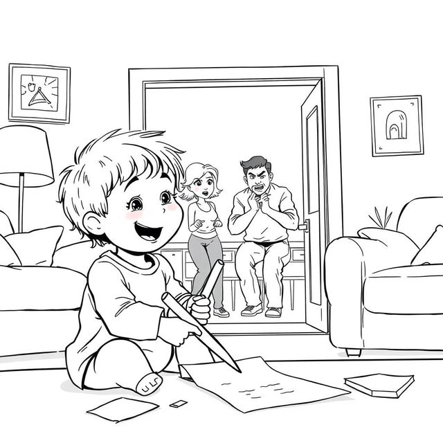 A black line art illustration with no colors, showcasing a child joyfully playing with scissors, happily cutting paper