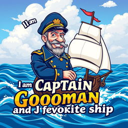 A vibrant and eye-catching design featuring the character 'Captain Goodman' on his favorite ship, set against a colorful and lively sea backdrop