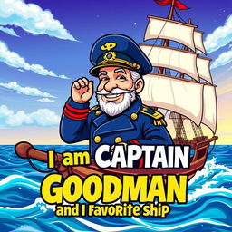 A vibrant and eye-catching design featuring the character 'Captain Goodman' on his favorite ship, set against a colorful and lively sea backdrop