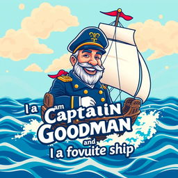 A vibrant and eye-catching design featuring the character 'Captain Goodman' on his favorite ship, set against a colorful and lively sea backdrop