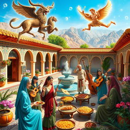A vibrant scene showcasing Iranian culture and traditions, featuring elements of Persian mythology