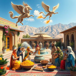 A vibrant scene showcasing Iranian culture and traditions, featuring elements of Persian mythology