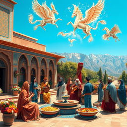 A vibrant scene showcasing Iranian culture and traditions, featuring elements of Persian mythology