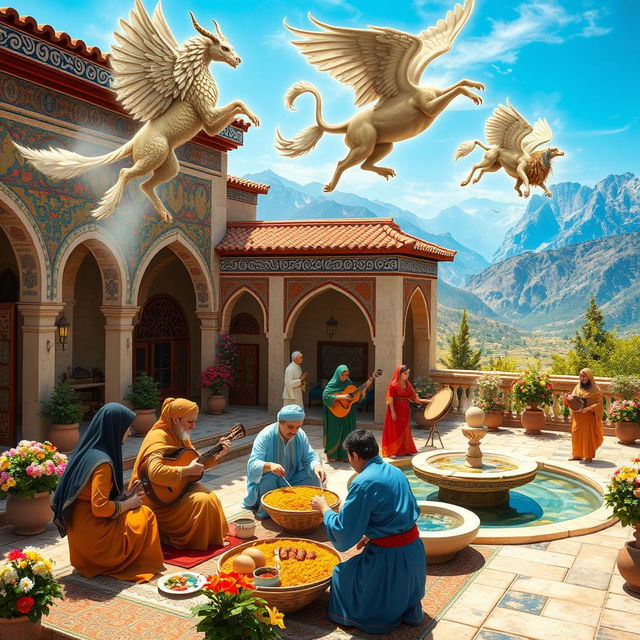 A vibrant scene showcasing Iranian culture and traditions, featuring elements of Persian mythology