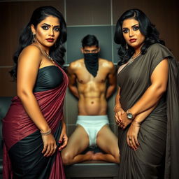 An interrogation room scene featuring two striking desi women, exuding confidence and allure