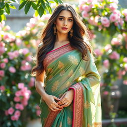 A beautiful woman dressed in a traditionally elegant saree, showcasing intricate patterns and vibrant colors