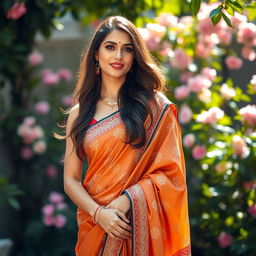 A beautiful woman dressed in a traditionally elegant saree, showcasing intricate patterns and vibrant colors