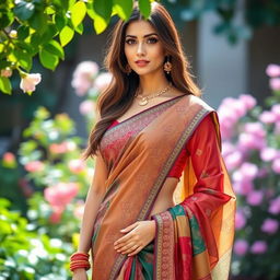 A beautiful woman dressed in a traditionally elegant saree, showcasing intricate patterns and vibrant colors