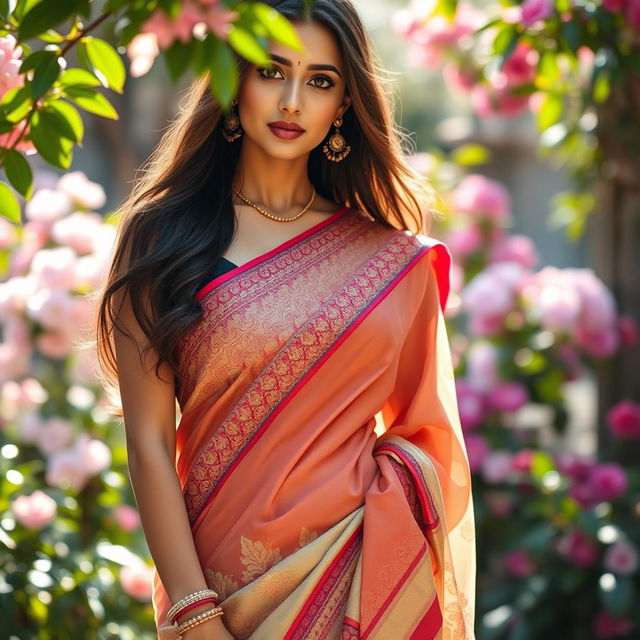 A beautiful woman dressed in a traditionally elegant saree, showcasing intricate patterns and vibrant colors