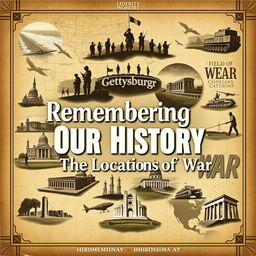 A visually striking poster design showcasing various historical war sites around the world