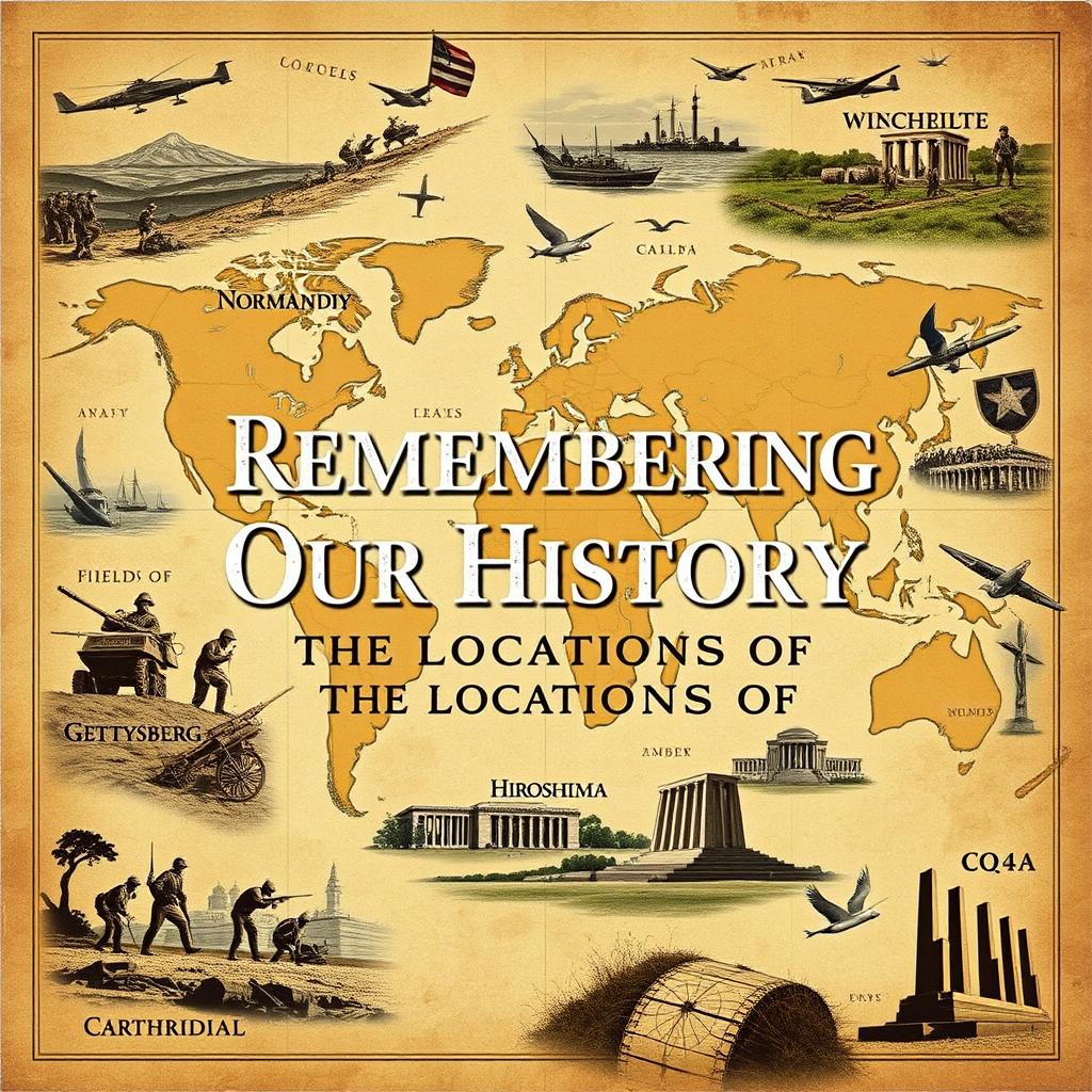 A visually striking poster design showcasing various historical war sites around the world