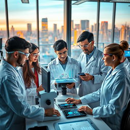 An inspiring scene depicting a diverse group of researchers and scientists collaborating in a modern, high-tech laboratory