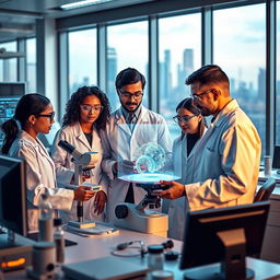 An inspiring scene depicting a diverse group of researchers and scientists collaborating in a modern, high-tech laboratory