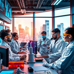 An inspiring scene depicting a diverse group of researchers and scientists collaborating in a modern, high-tech laboratory