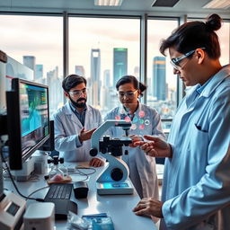 An inspiring scene depicting a diverse group of researchers and scientists collaborating in a modern, high-tech laboratory