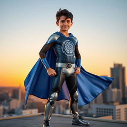 A heroic character named Mindflight, a 14-year-old boy named Liam Cruz, standing confidently in a dramatic superhero pose