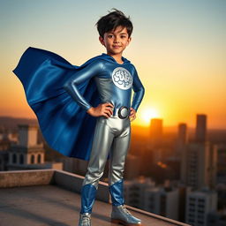 A heroic character named Mindflight, a 14-year-old boy named Liam Cruz, standing confidently in a dramatic superhero pose