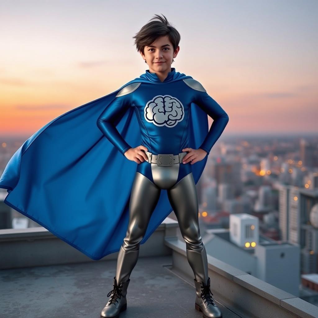 A heroic character named Mindflight, a 14-year-old boy named Liam Cruz, standing confidently in a dramatic superhero pose