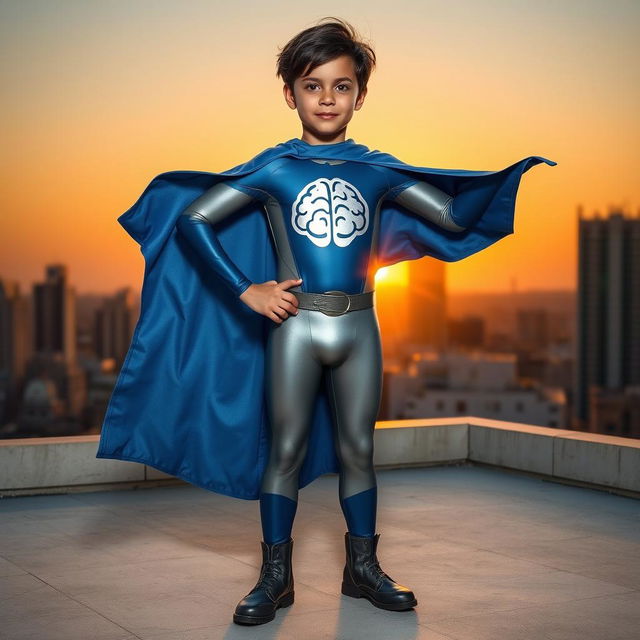 A heroic character named Mindflight, a 14-year-old boy named Liam Cruz, standing confidently in a dramatic superhero pose