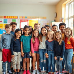 A school portrait photo featuring a diverse group of students smiling and standing together in a bright, cheerful school setting