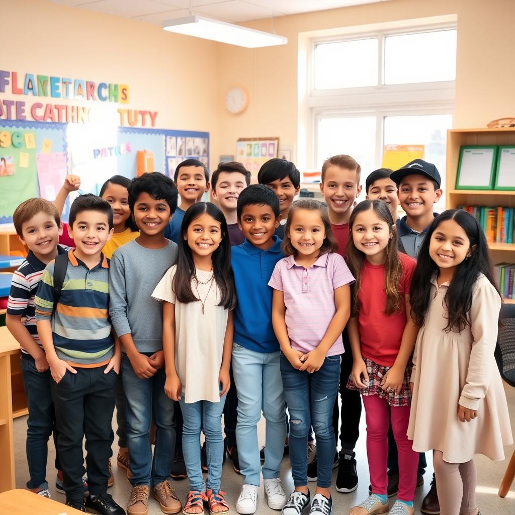 A school portrait photo featuring a diverse group of students smiling and standing together in a bright, cheerful school setting