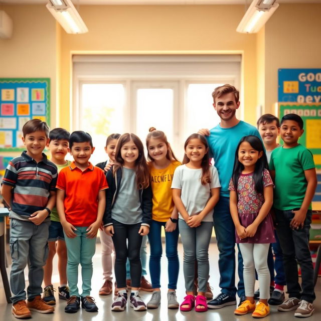 A school portrait photo featuring a diverse group of students smiling and standing together in a bright, cheerful school setting