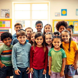 A school portrait photo featuring a diverse group of students smiling and standing together in a bright, cheerful school setting