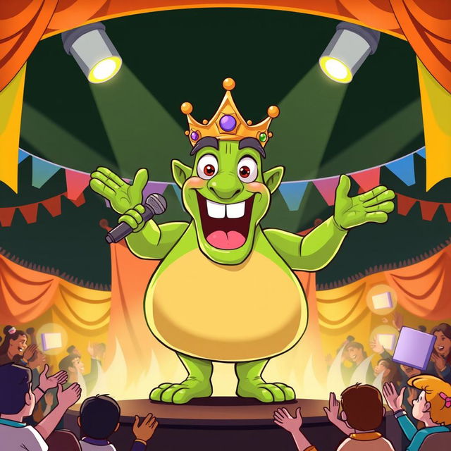 A cartoon-style illustration of King Wart, also known as Mamu, standing proudly on a stage making a grand announcement