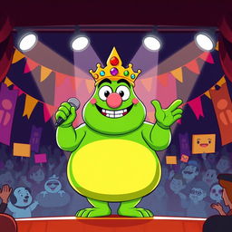 A cartoon-style illustration of King Wart, also known as Mamu, standing proudly on a stage making a grand announcement