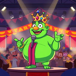 A cartoon-style illustration of King Wart, also known as Mamu, standing proudly on a stage making a grand announcement